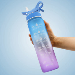SoraCool Time-Marker Mist Water Bottle — blue-purple bottle held in a hand on a pale blue background