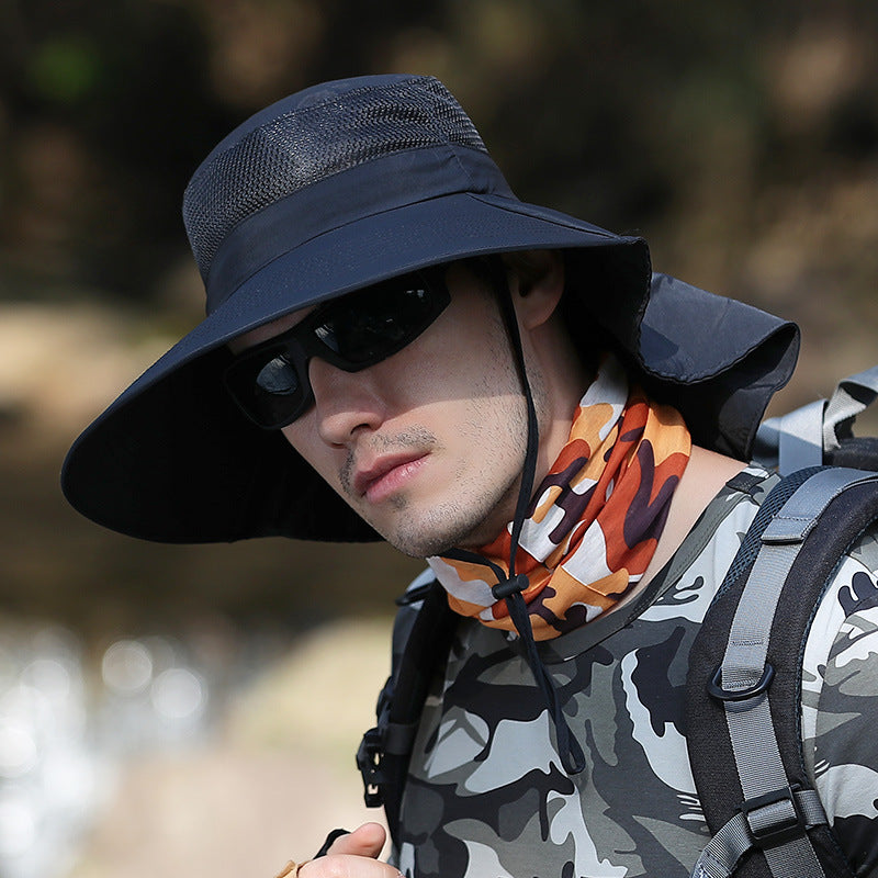 SoraCool Mesh Neck-Flap Trail Hat — black neck-flap trail hat worn on a trail