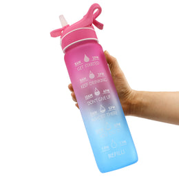 SoraCool Time-Marker Mist Water Bottle — pink-blue bottle held in a hand on a white background