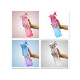 SoraCool Time-Marker Mist Water Bottle — four hand-held color views arranged in a square collage