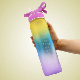 SoraCool Time-Marker Mist Water Bottle — yellow-purple bottle held in a hand on a pale yellow background