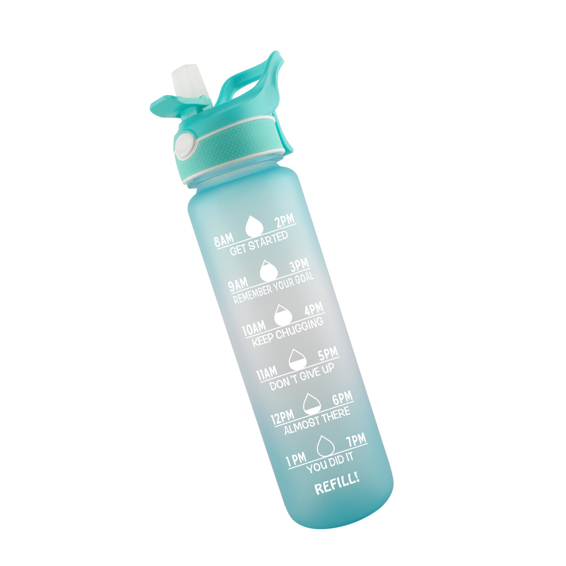 SoraCool Time-Marker Mist Water Bottle — teal bottle isolated diagonally on a white background