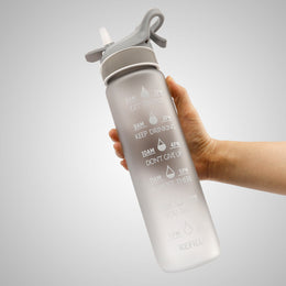 SoraCool Time-Marker Mist Water Bottle — gray bottle held in a hand on a light gray background