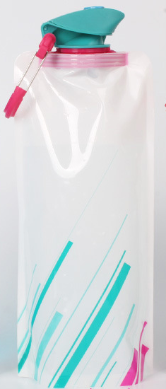 SoraCool Foldable Water Carrier — tall clear water bag with a teal cap on a white background