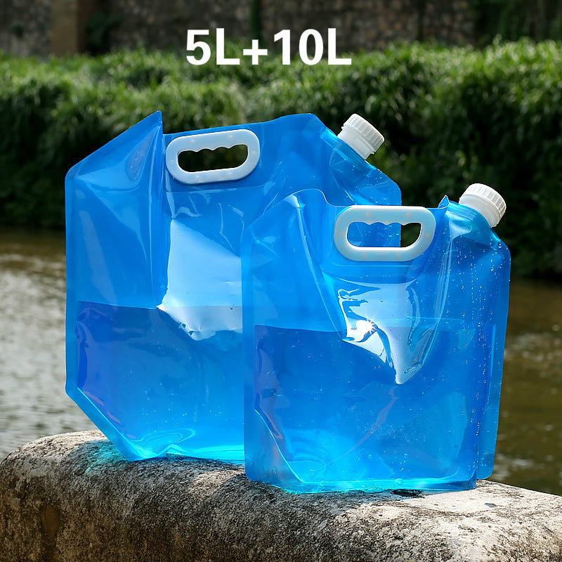 SoraCool Foldable Water Carrier — blue five-liter and ten-liter carriers outdoors with a combined-size label