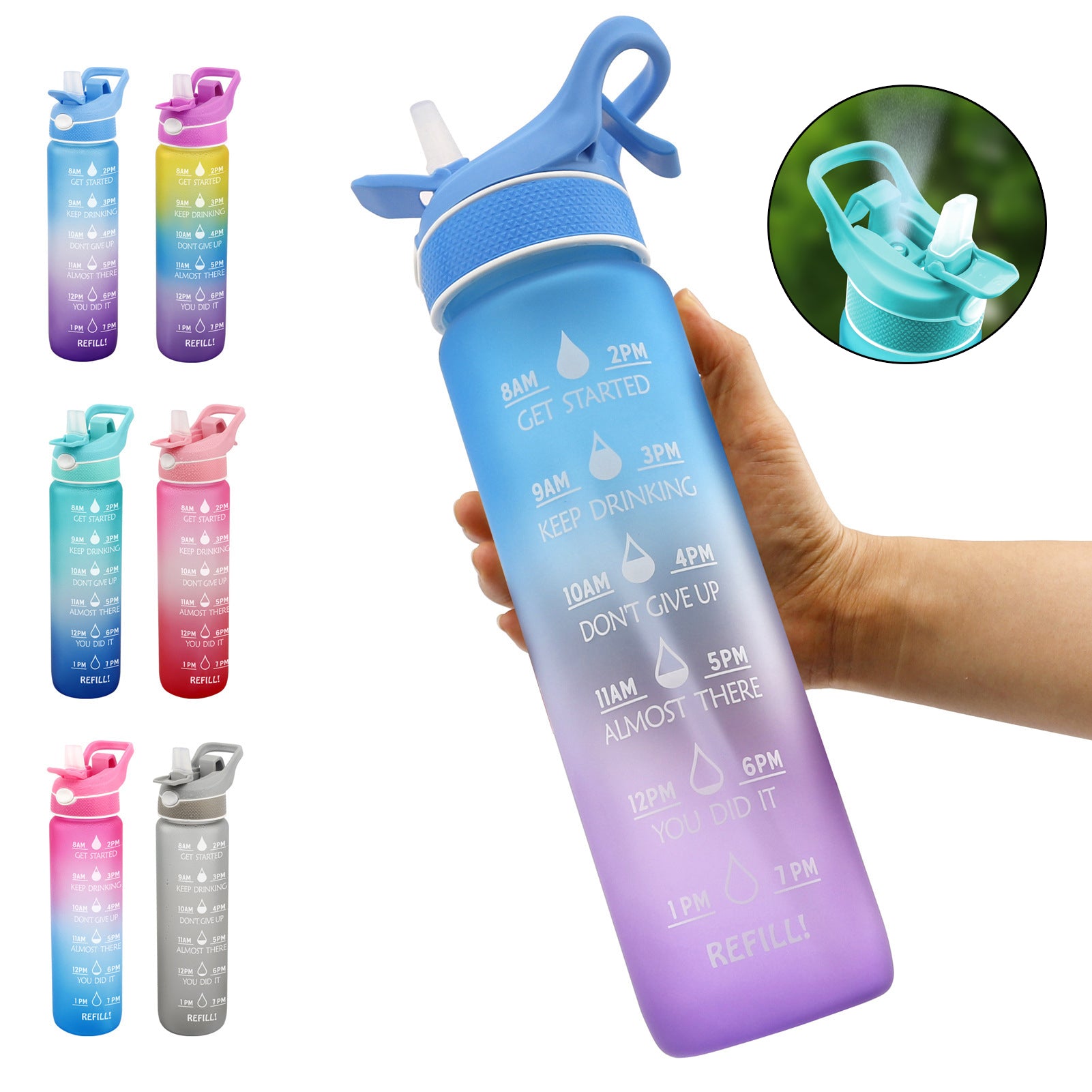SoraCool Time-Marker Mist Water Bottle — blue-purple bottle held in a hand with six color views, a cap inset and supplier text