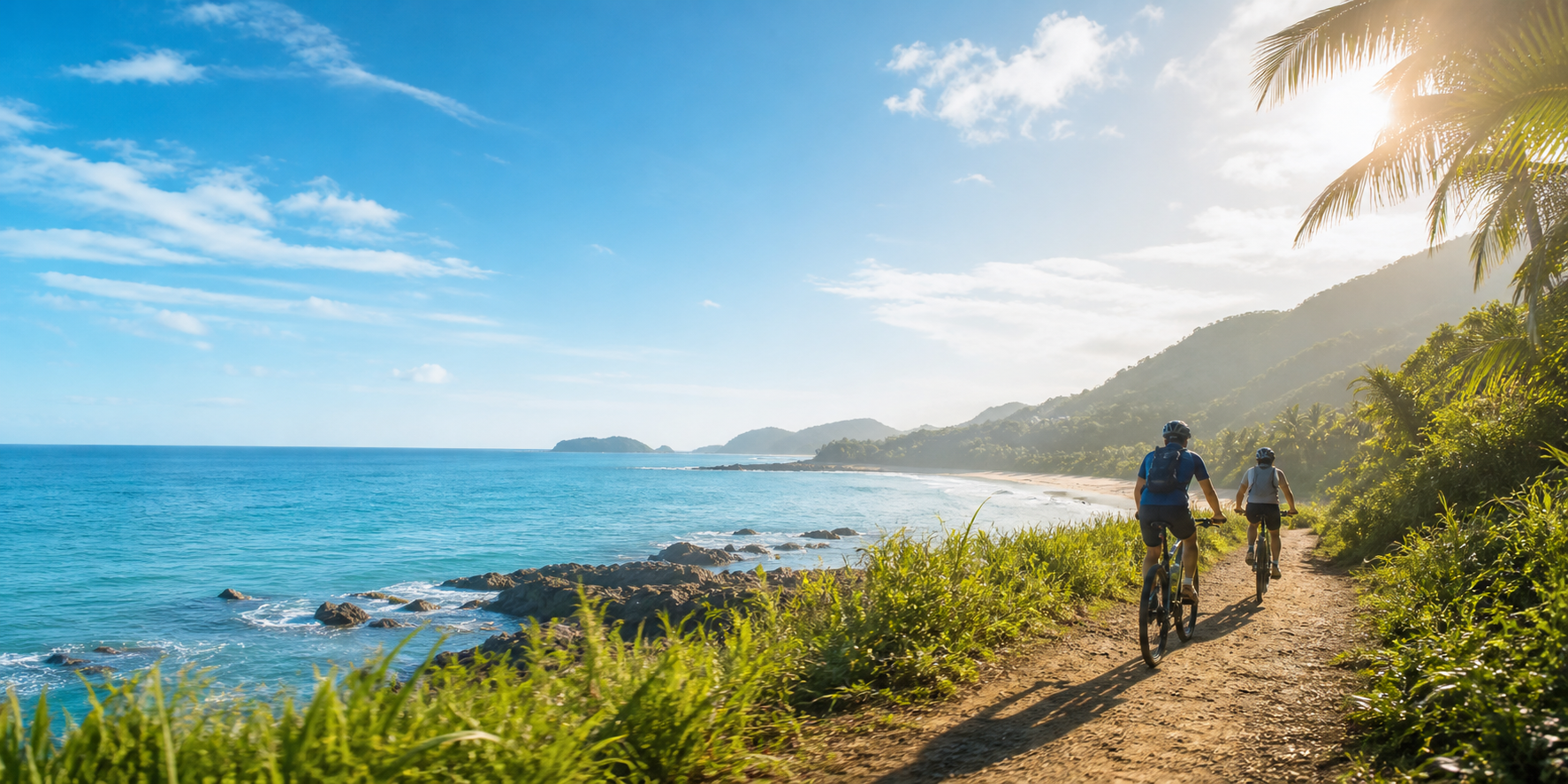 Cyclists riding along a bright tropical coastline