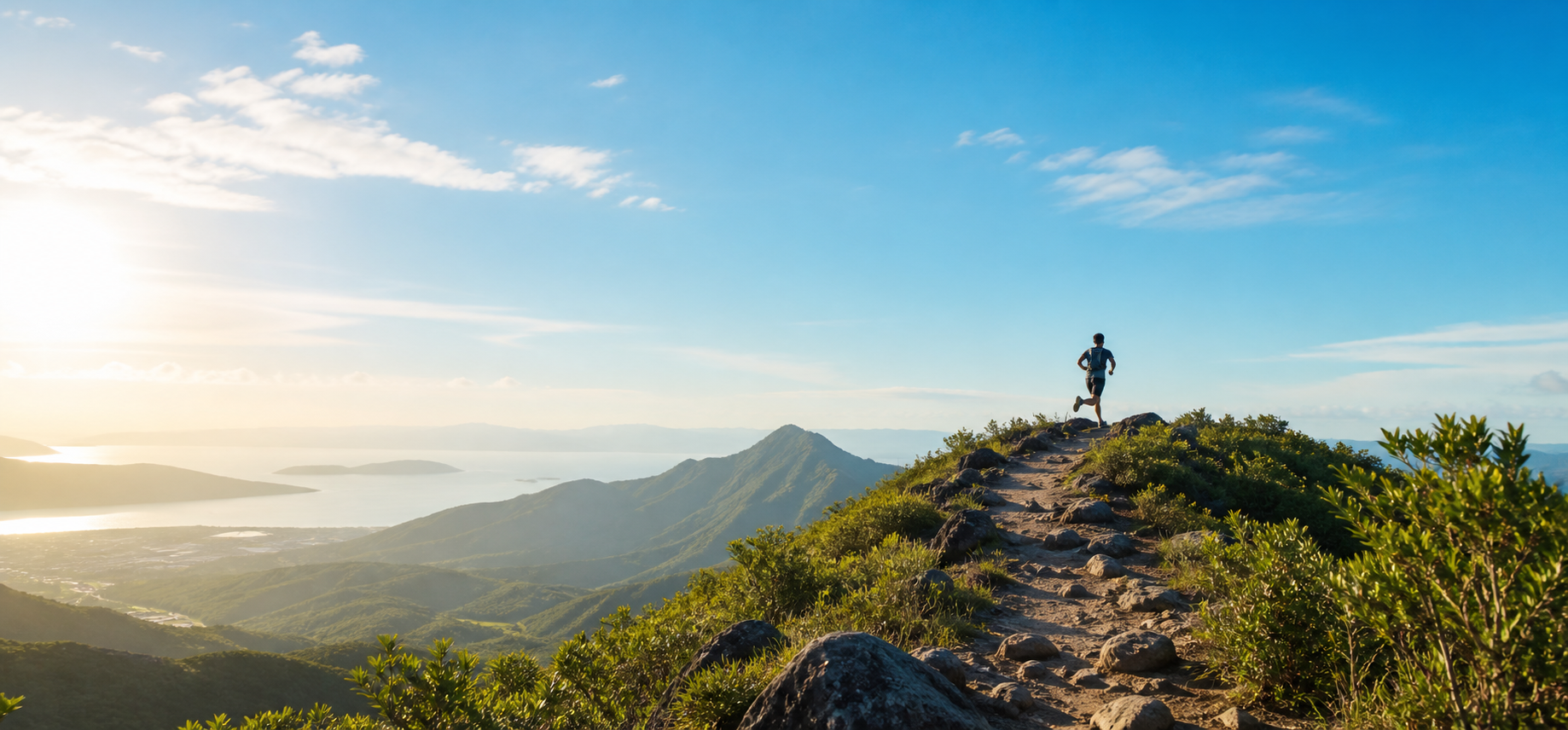 A distant runner moving through a bright outdoor landscape