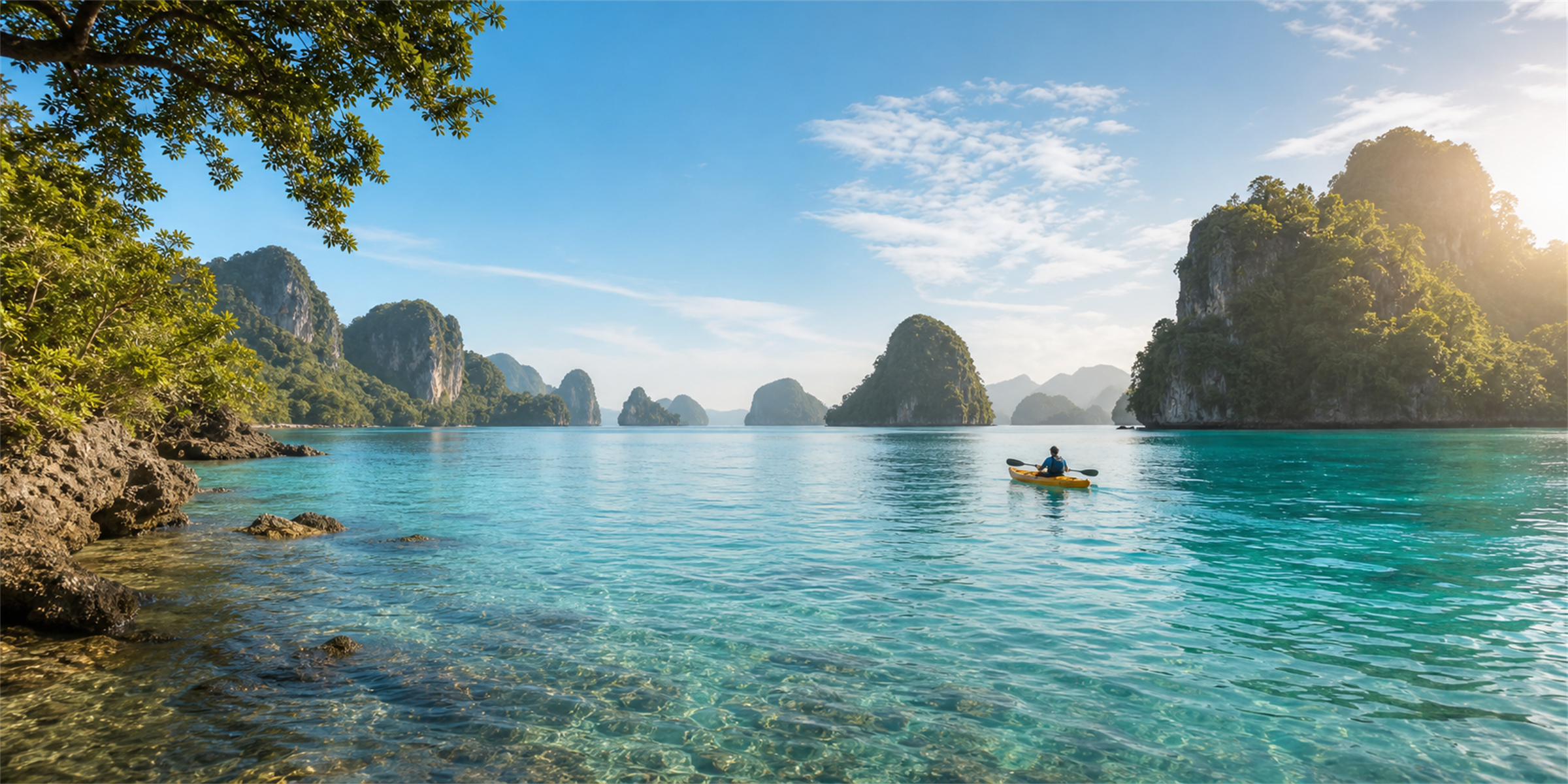 A distant kayaker paddling across a tropical lagoon